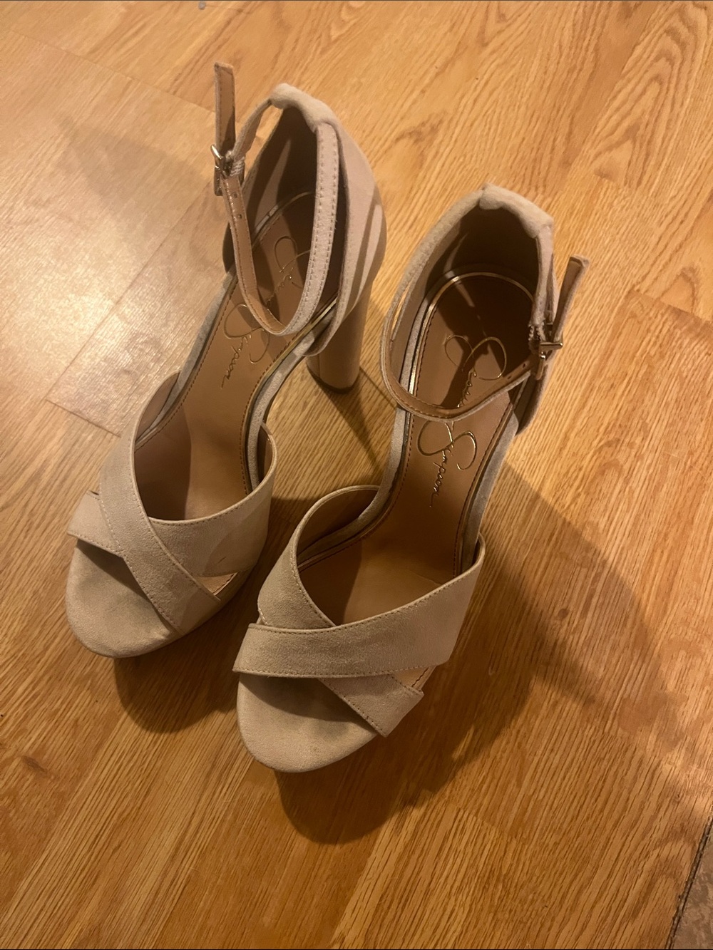Jessica Simpson Light Beige Suede Ankle-Strap Platform Heels